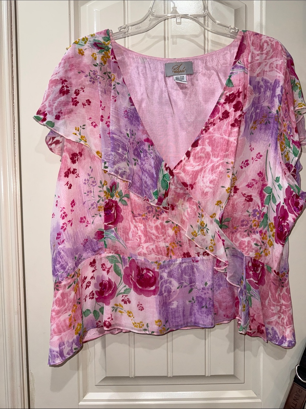 Midnight Velvet Pink and Purple Floral Ruffle V-Neck Blouse